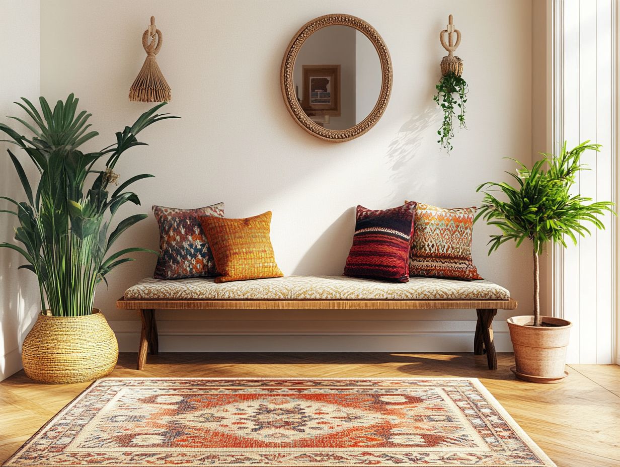 Stylish seating options in an entryway, showcasing a rustic bench and chic stools.