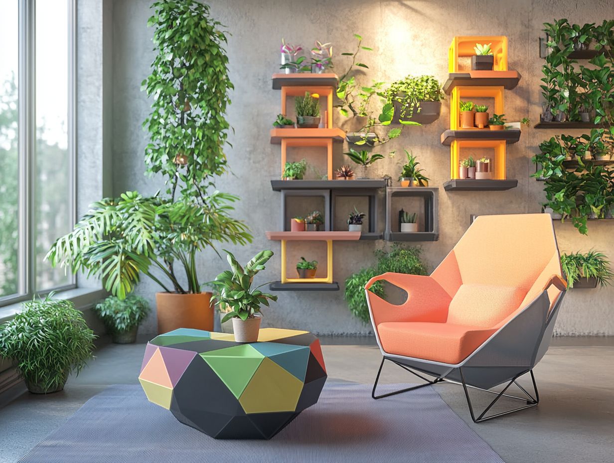 An example of various types of 3D-printed furniture showcasing modular and artistic designs.