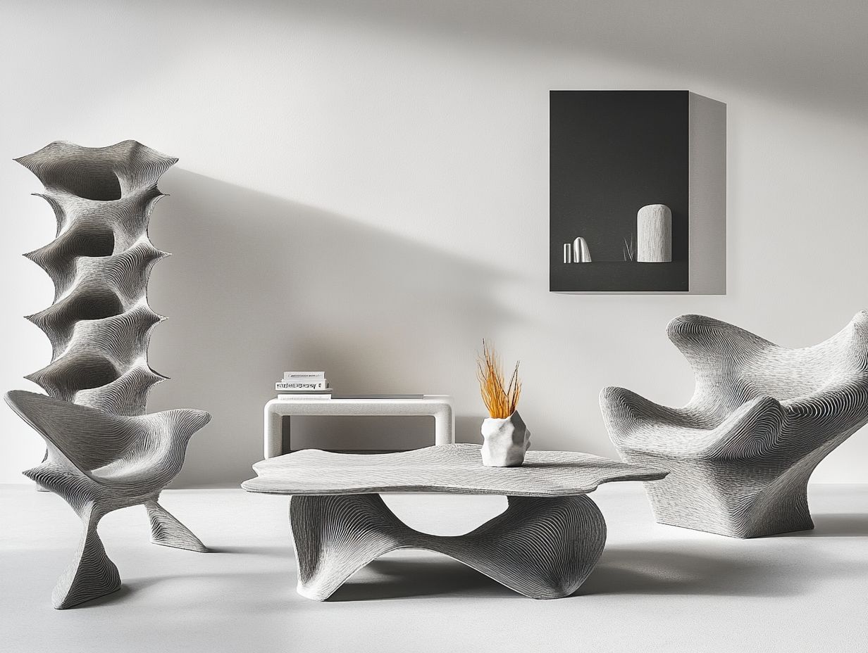 A range of creative 3D-printed furniture designs showcasing flexibility and style.