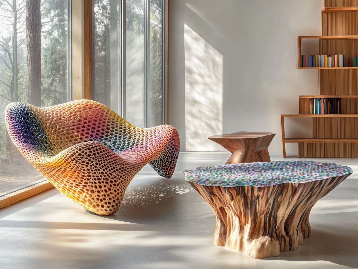 A collage of various 3D-printed furniture items showcasing diverse materials.