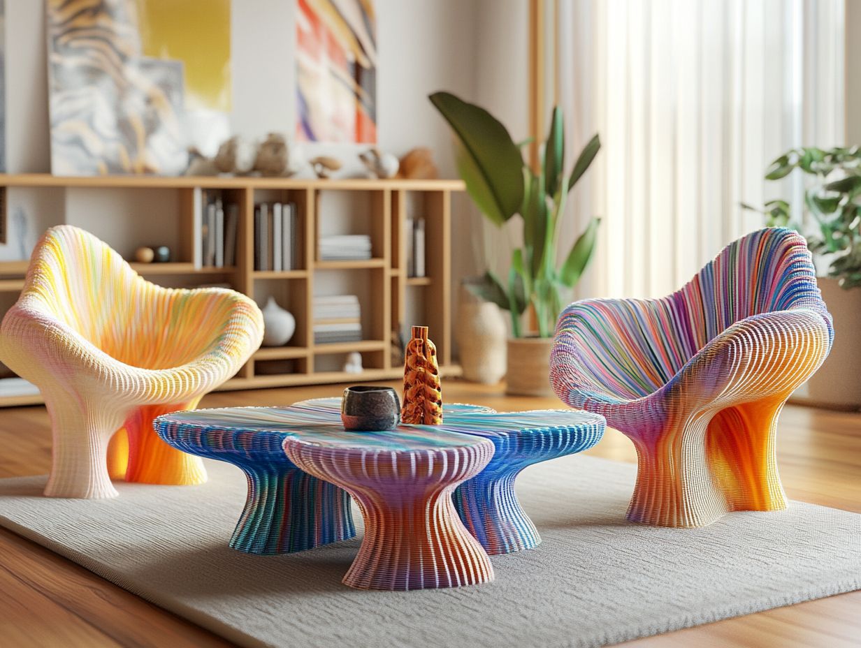 Colorful 3D-printed furniture showcasing various styles and designs