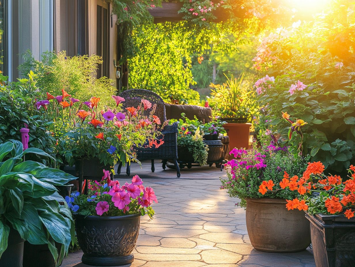 A beautiful outdoor garden featuring aromatic plants and decorative accents