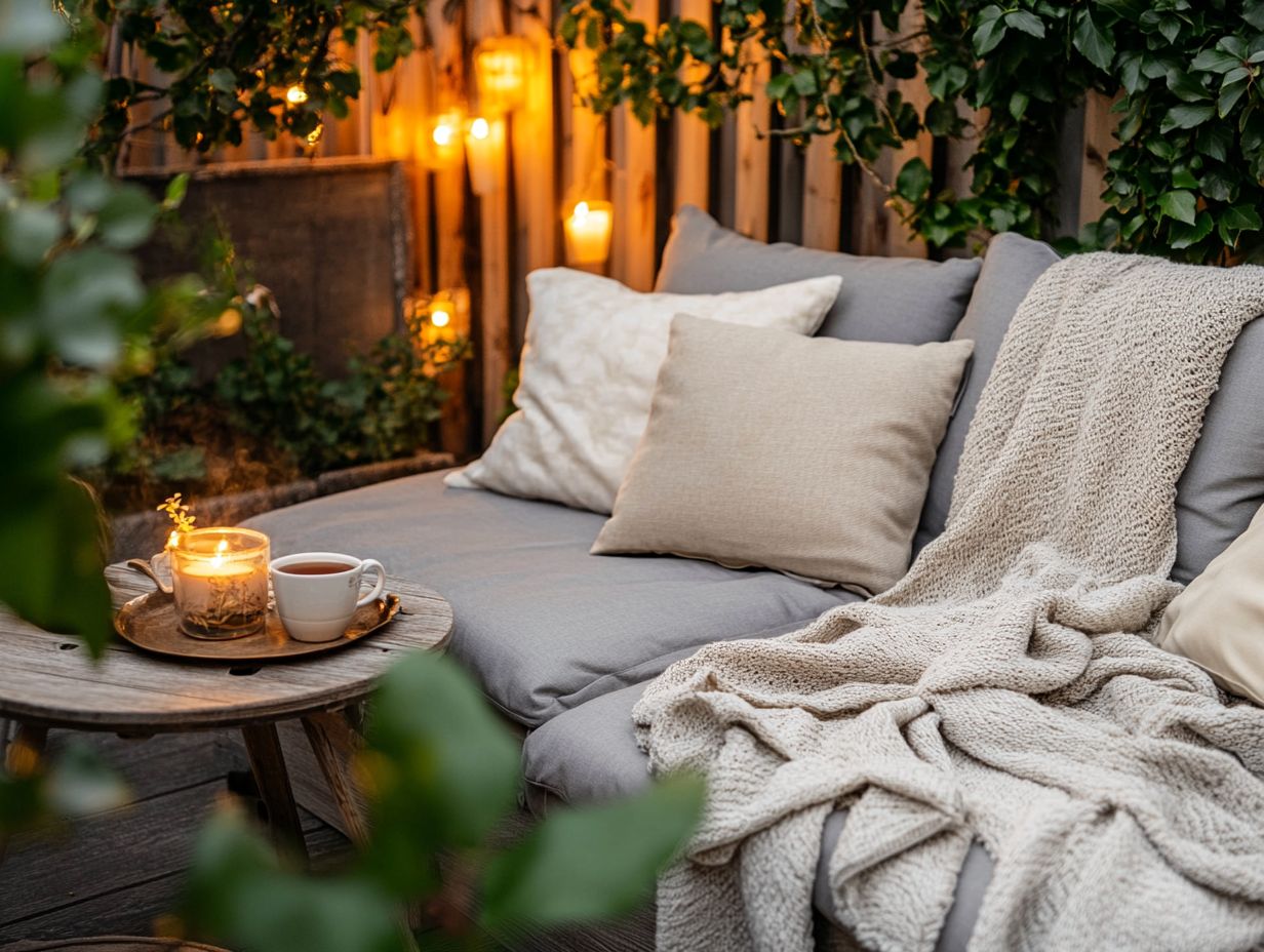 A cozy outdoor seating area that blends indoor comfort with outdoor decor