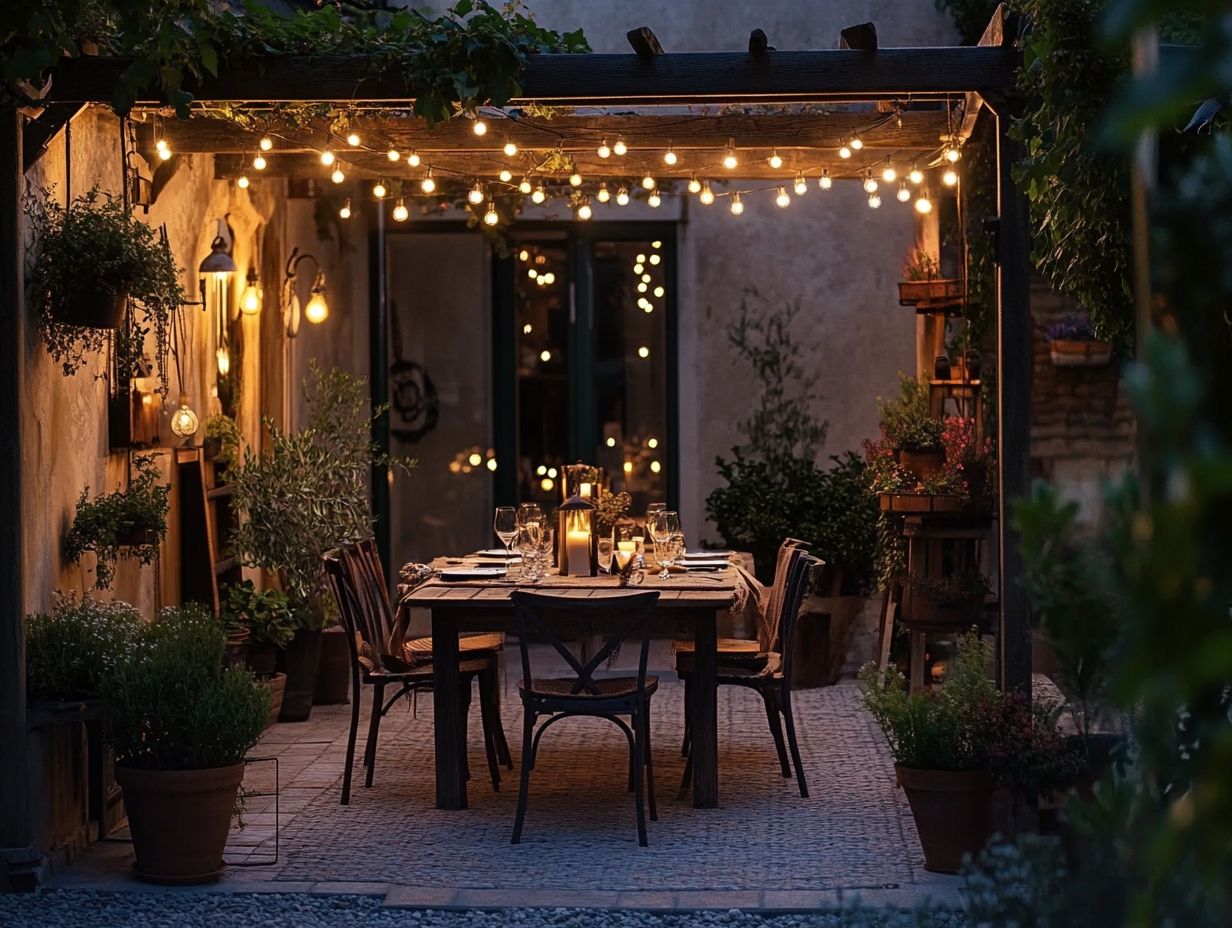 An outdoor space featuring string lights hung from a pergola, creating a cozy atmosphere.