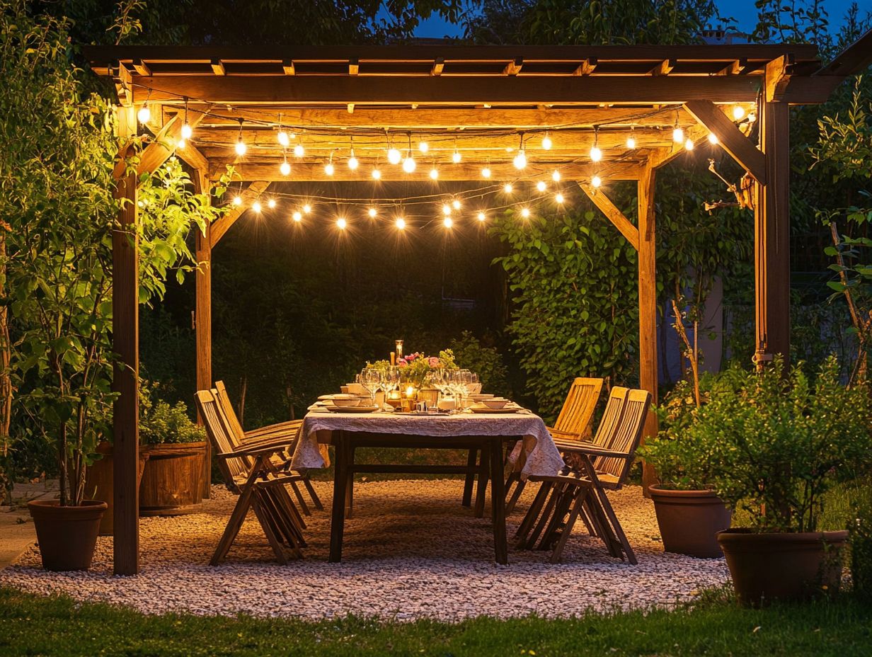 Cozy outdoor area with string lights surrounding a fire pit