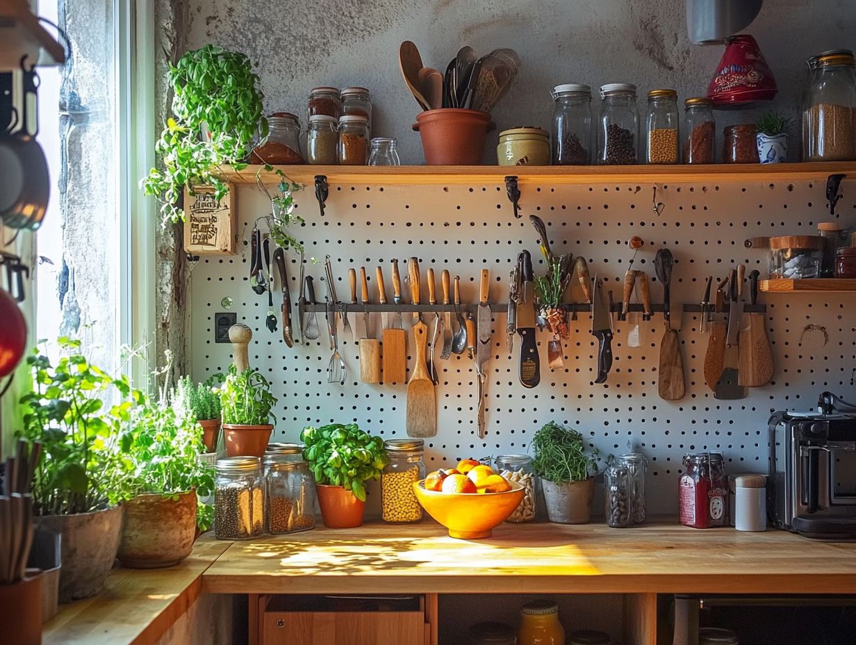 Example of using a pegboard to display kitchen utensils creatively