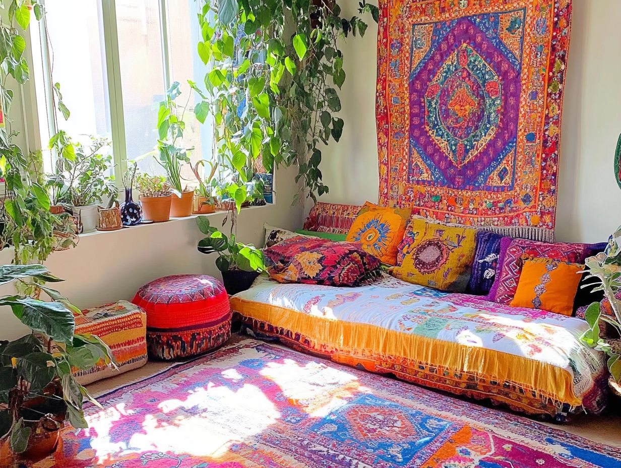 A beautiful display of hanging planters showcasing various plants in a bohemian home setting.