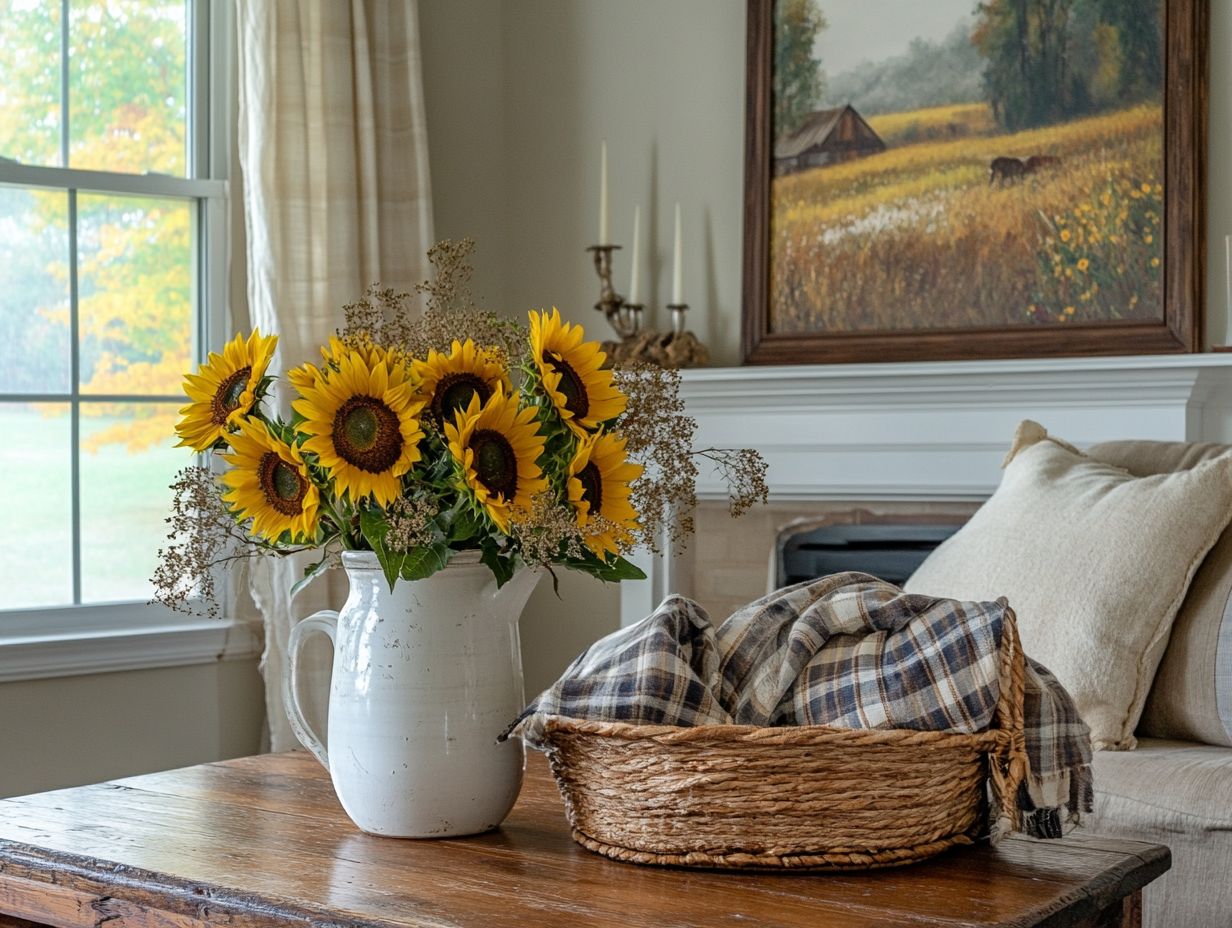 Decorative items that embody farmhouse style, including rustic signs and mason jars