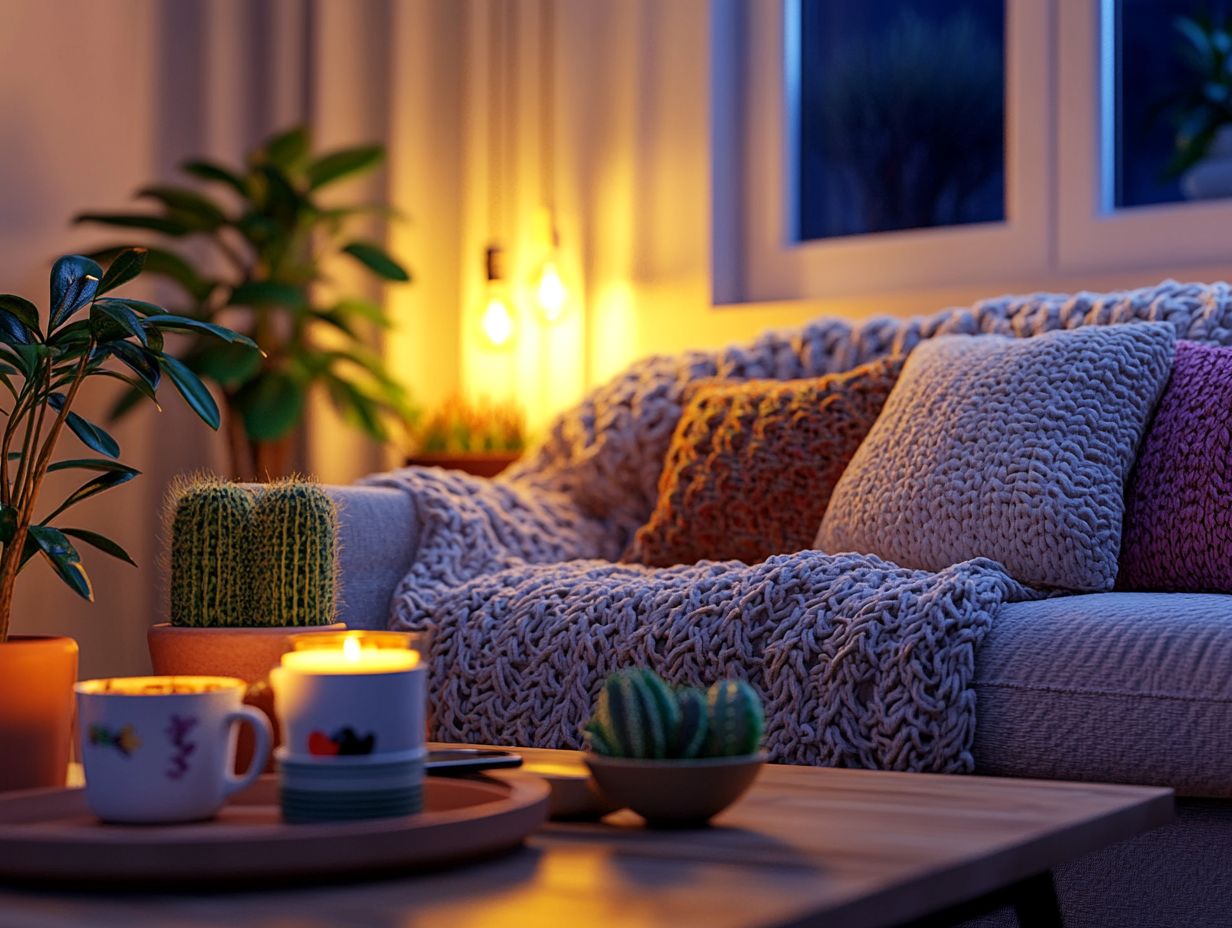 Cozy home accessories including throw blankets, candles, and pillows.