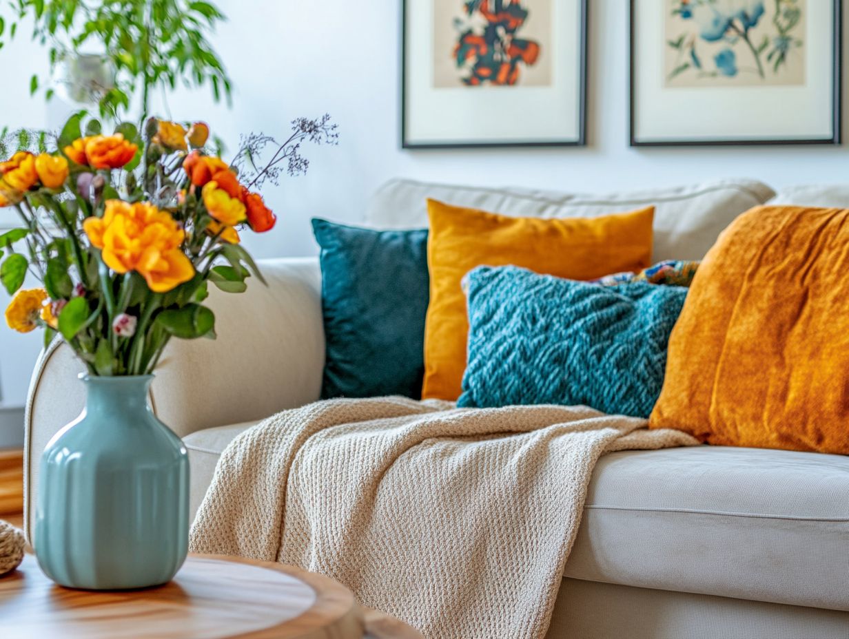 A beautifully decorated living room showcasing vibrant colors and textures.