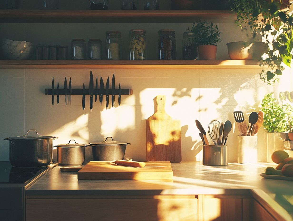 A variety of kitchen accessories displayed on a countertop