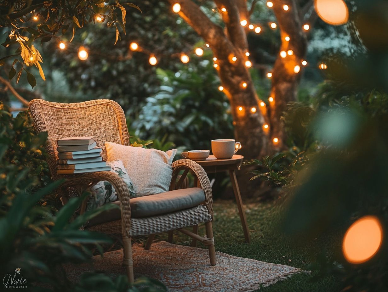 Cozy outdoor reading nook with accessories