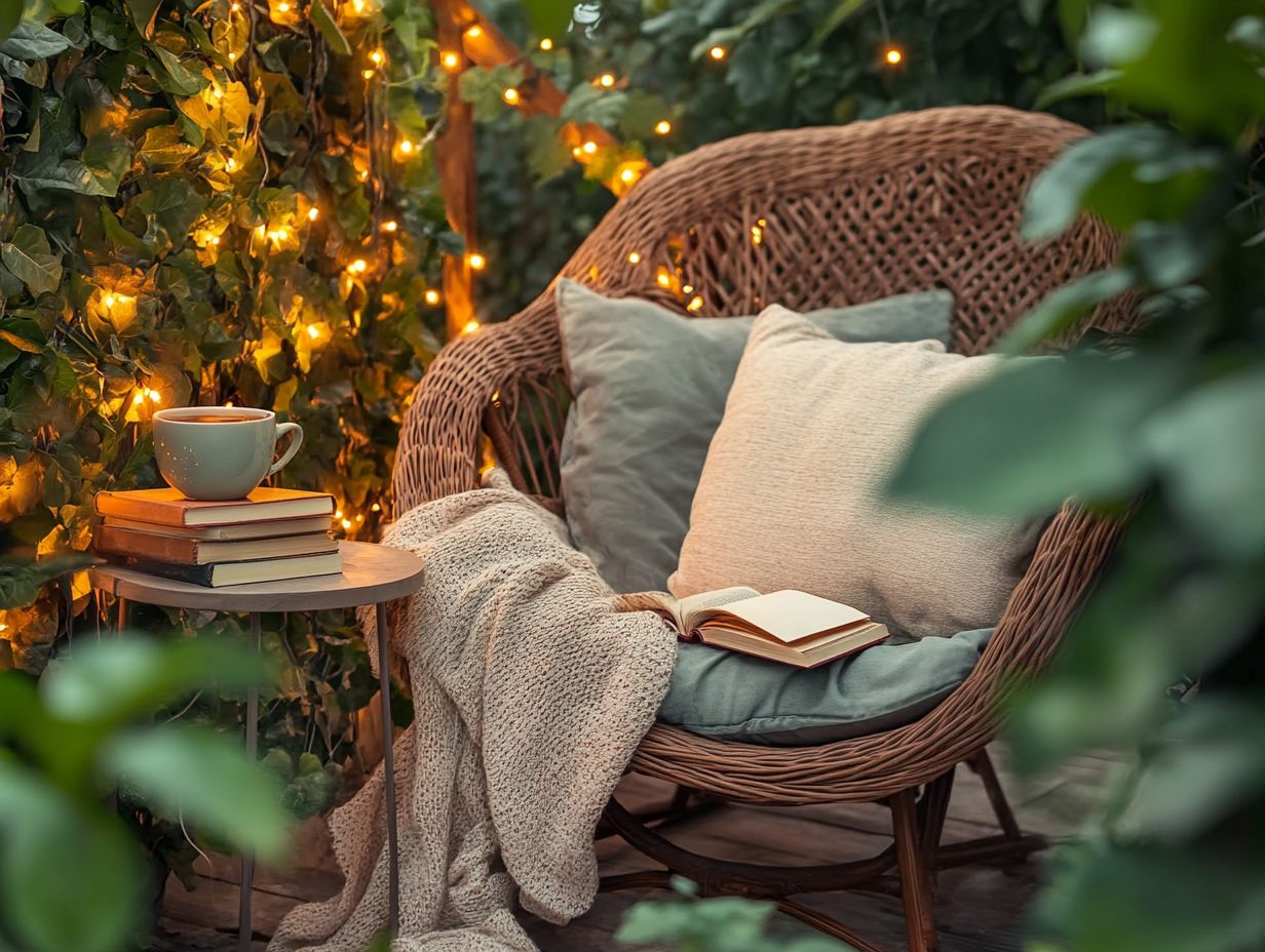 Cozy outdoor reading nook with lush greenery