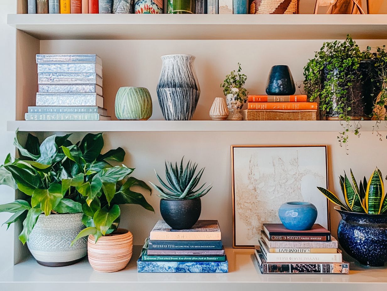 Creative arrangement of decorative items on shelves