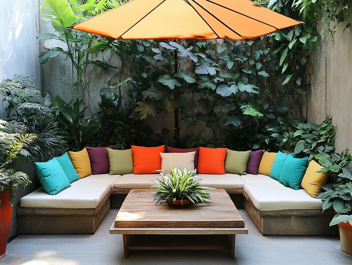 Cozy outdoor furniture with cushions and blankets