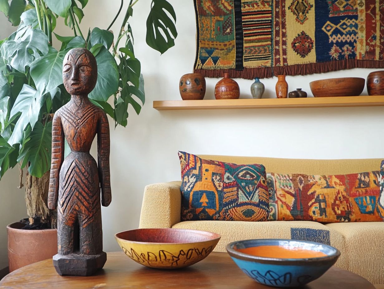 Cultural decorative items displayed in a home setting