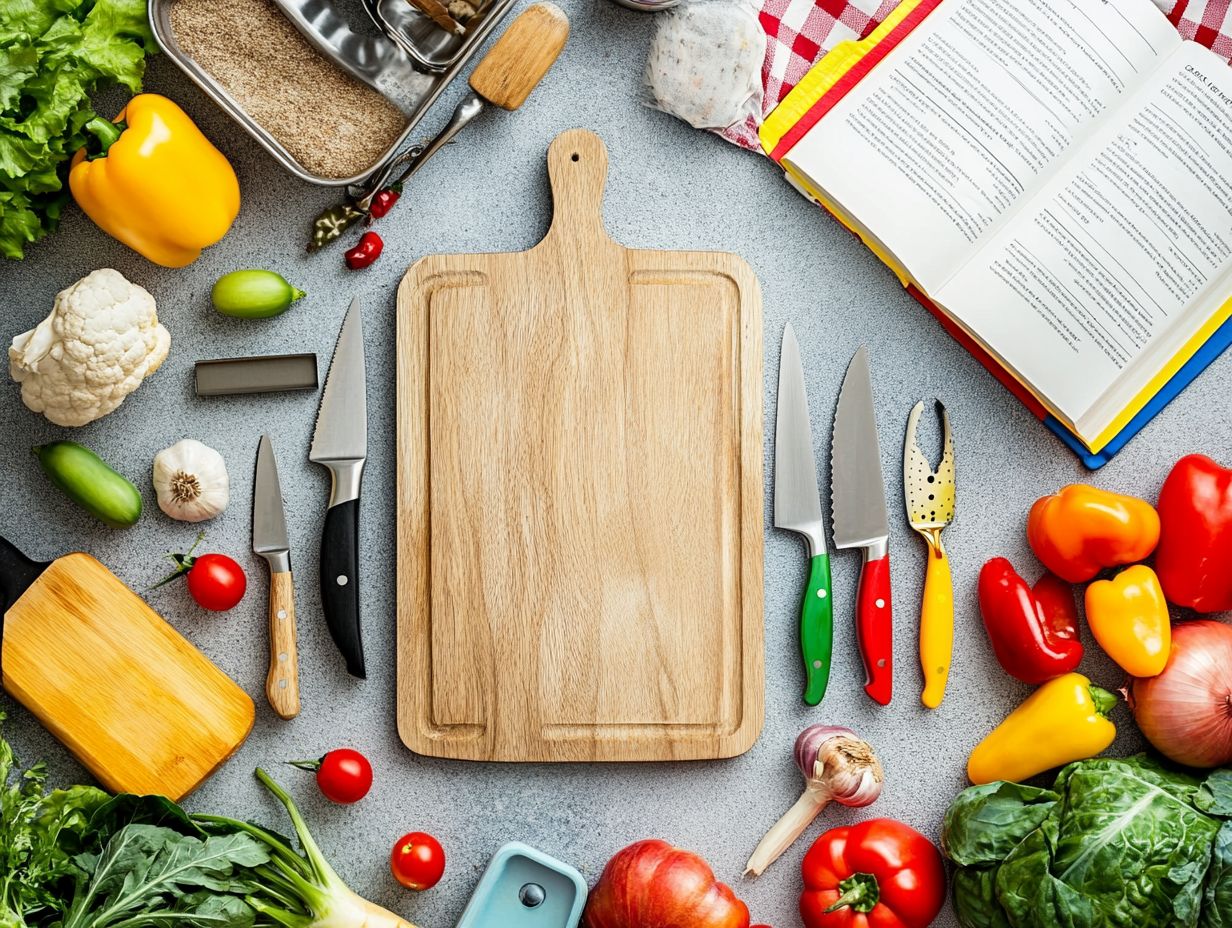 Various essential kitchen accessories laid out on a countertop.