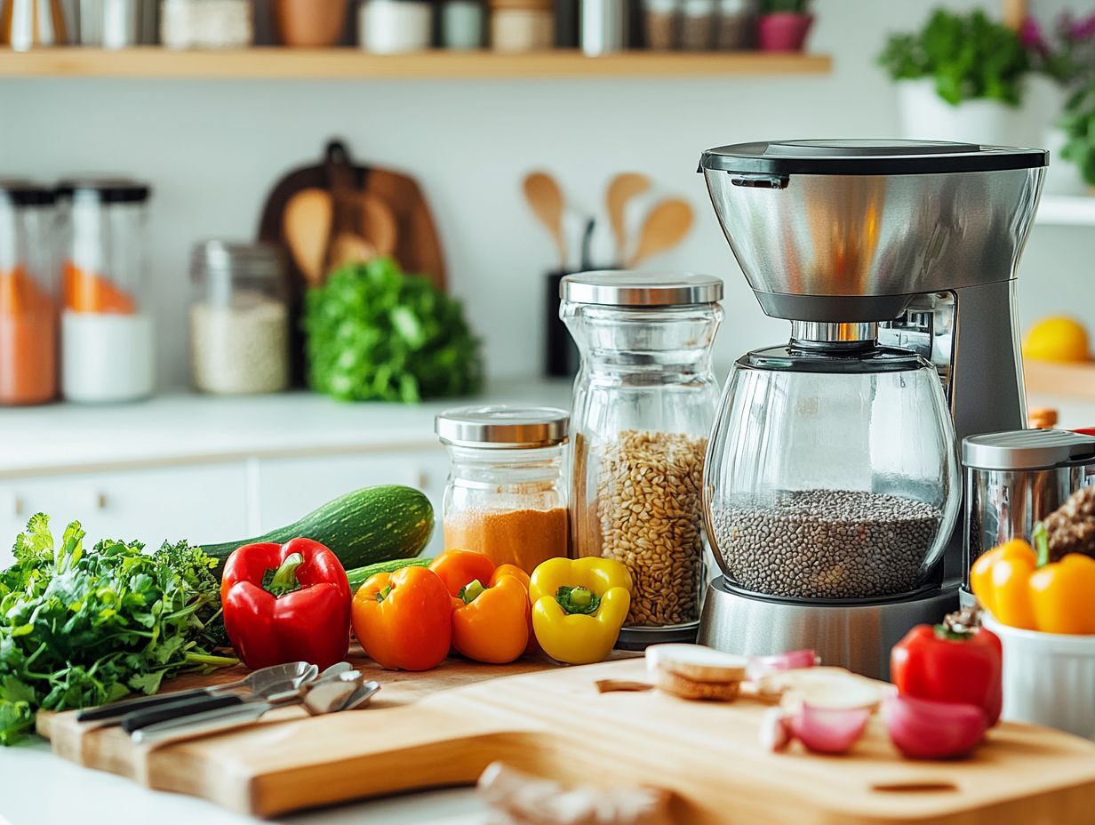 Colorful meal prep containers arranged neatly on a kitchen counter