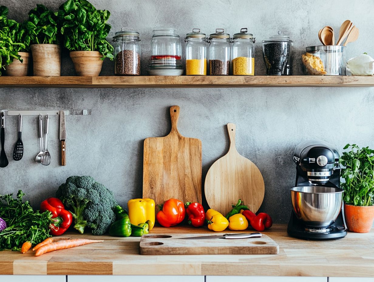 Essential kitchen accessories for meal prep, including a chef's knife and cutting board.