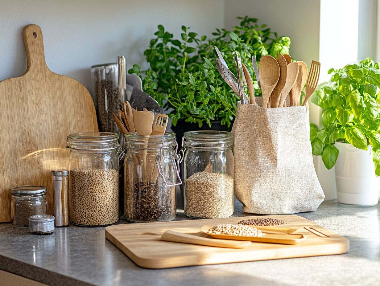 Image of various sustainable kitchen accessories on display.