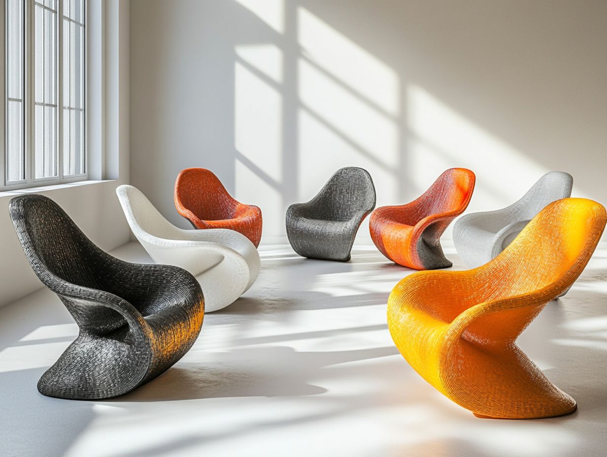 A selection of stylish 3D-printed chairs suitable for both indoor and outdoor use.