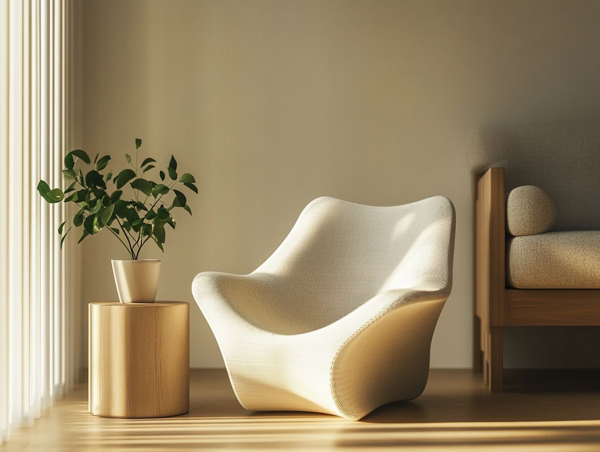 A modern living room featuring customizable 3D-printed furniture designed for small spaces