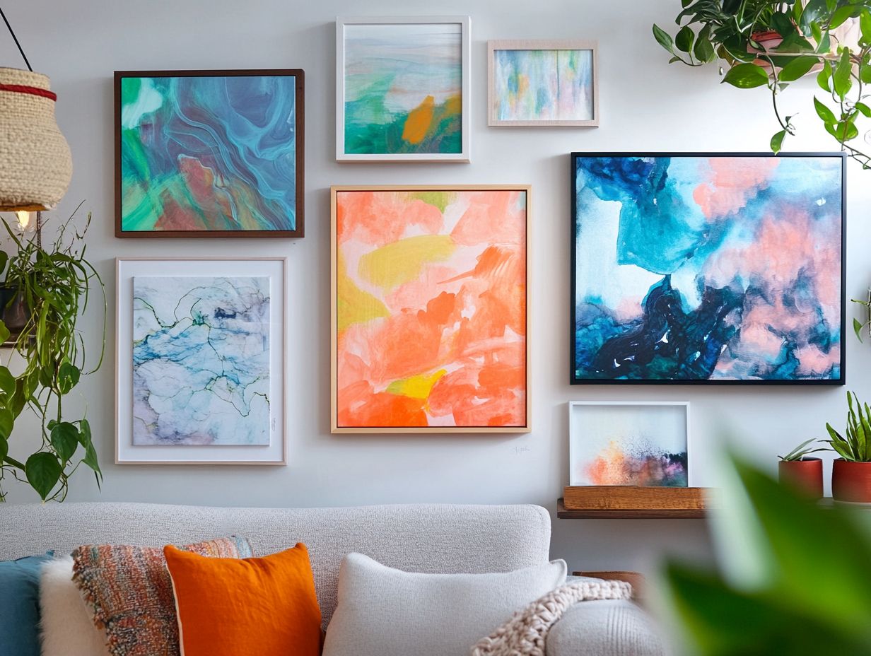 A beautifully arranged display of wall art in a modern living room.