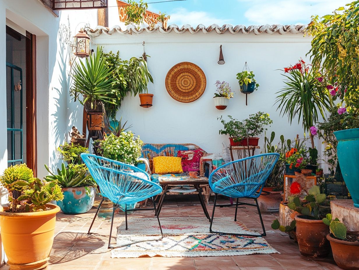 A vibrant patio with various patterns and decor