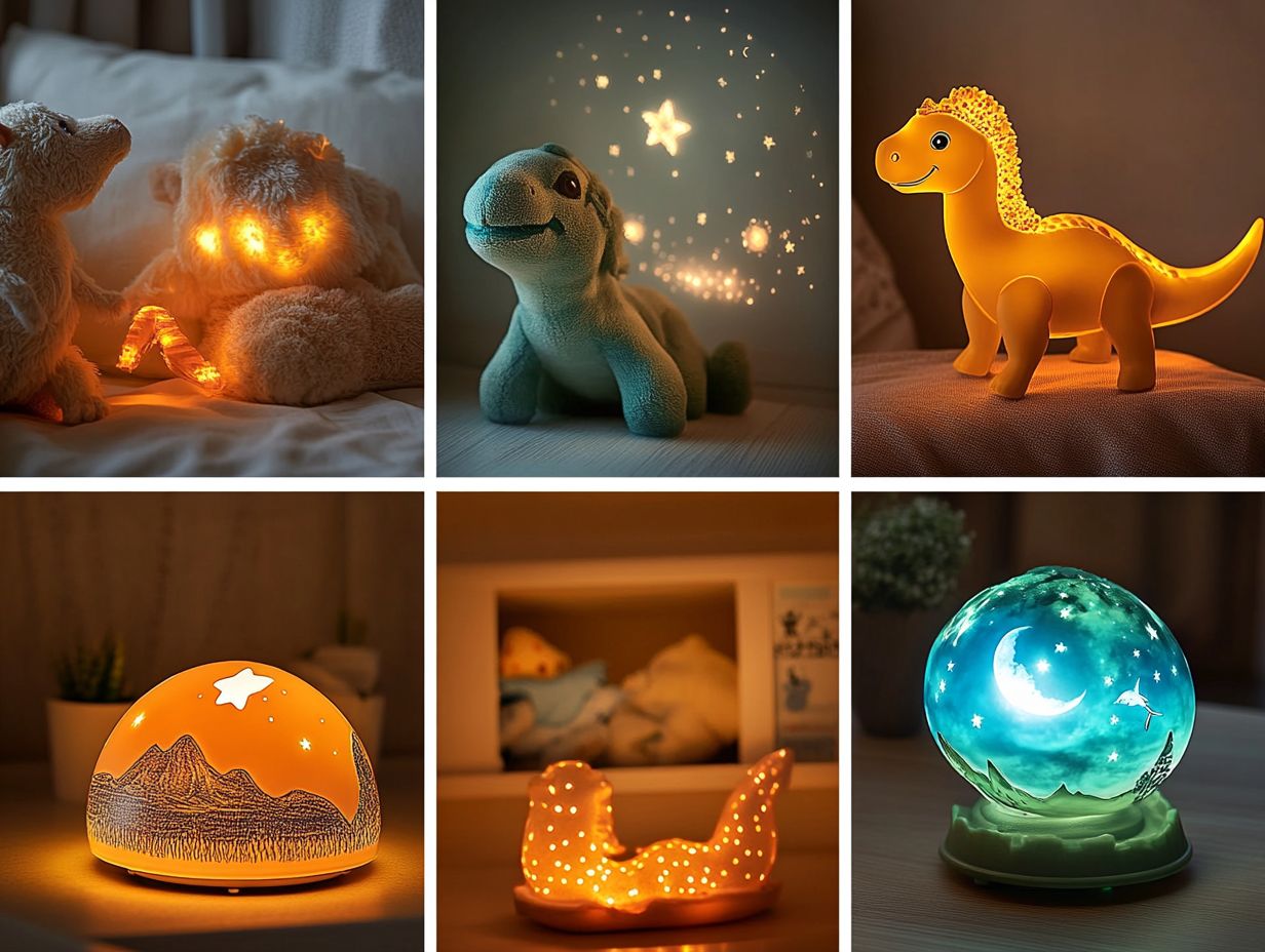 A variety of night lights designed for children, showcasing unique designs and features.